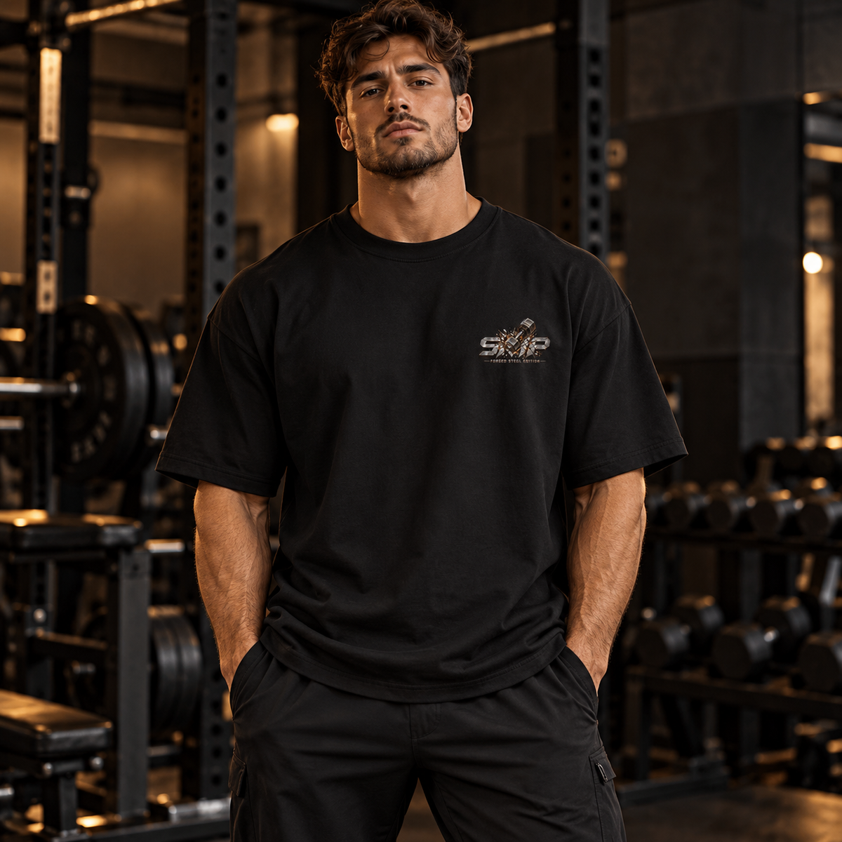 Forged Steel schwarzes Oversized Shirt – Model Vorderansicht