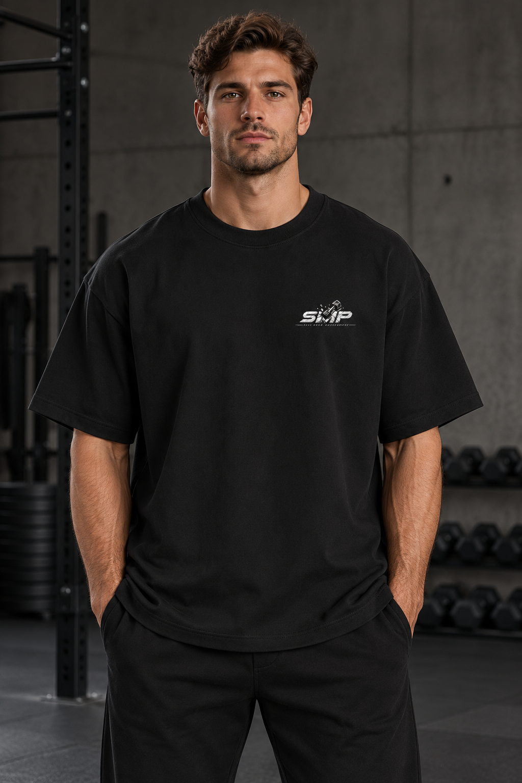 SMP Herren Oversized T-Shirt in Schwarz, Vorderansicht am Model